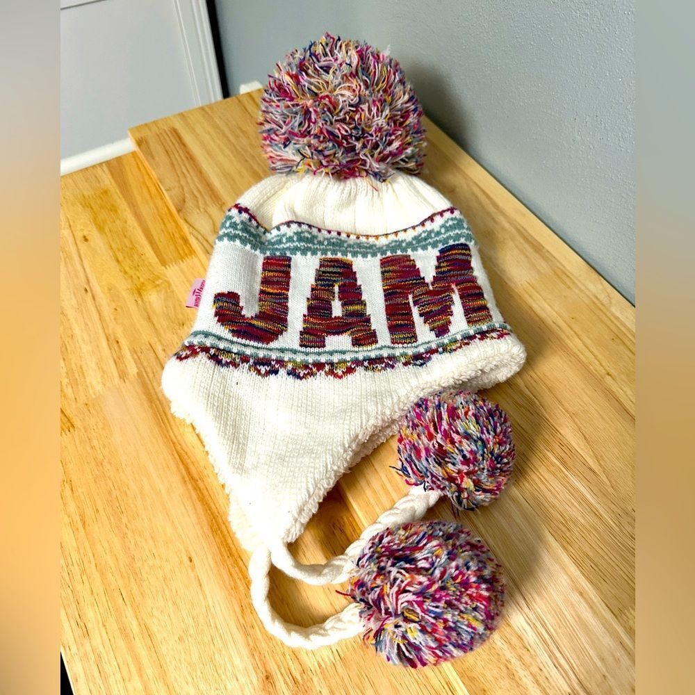 Robin Ruth Jamaica Winter Knit Tam Furry Inside with Pom Poms Multi Color
